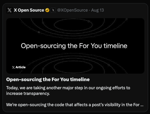 X Open Source post announcing it is open-sourcing the For You timeline as a transparency step