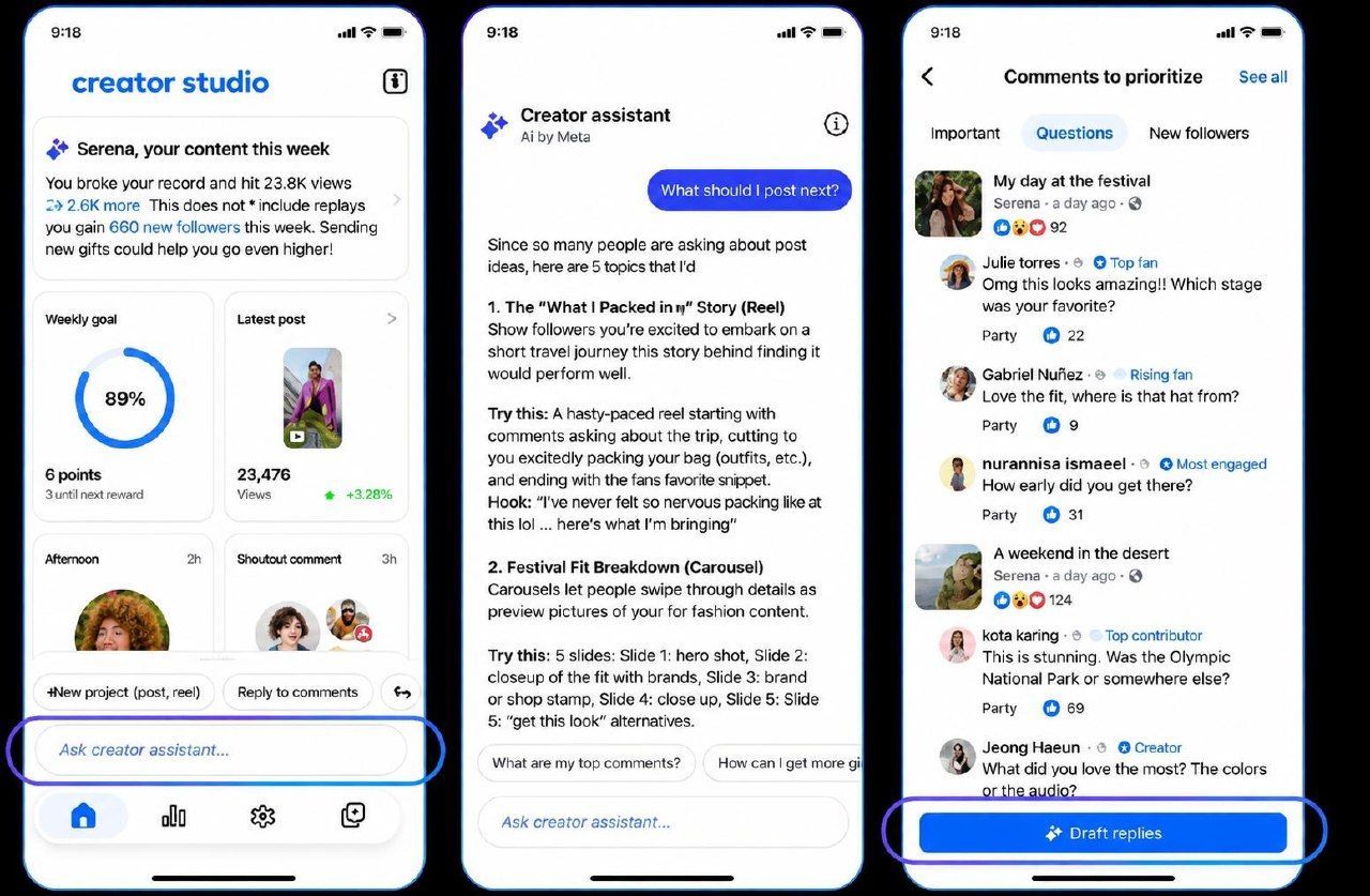 Three Creator Studio app screens showing the weekly dashboard, the Creator assistant AI chat, and the comments to prioritize view